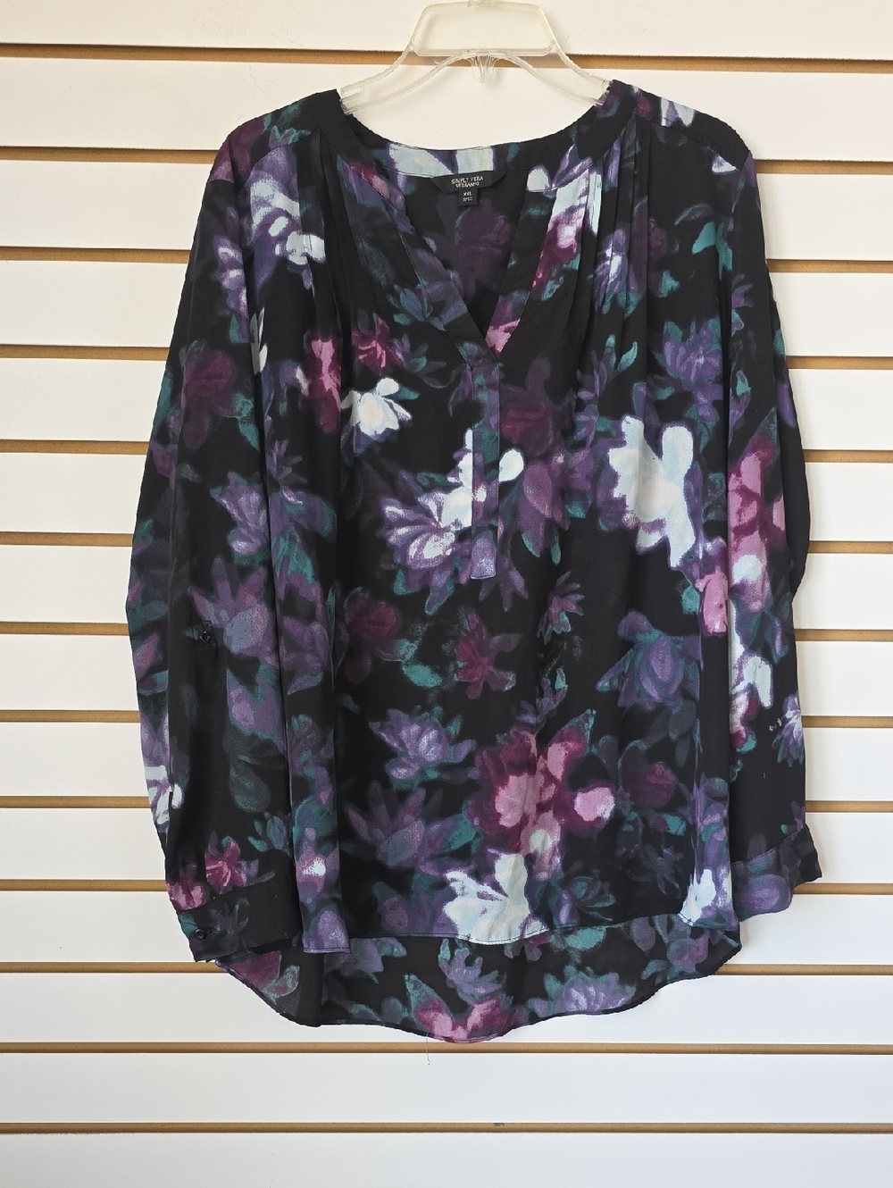 Floral V-Neck Long-Sleeve Blouse - Black/Purple